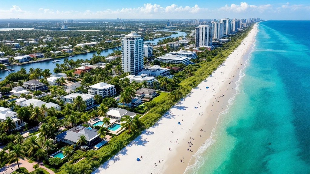 Aerial view of waterfront properties along tropical coastline