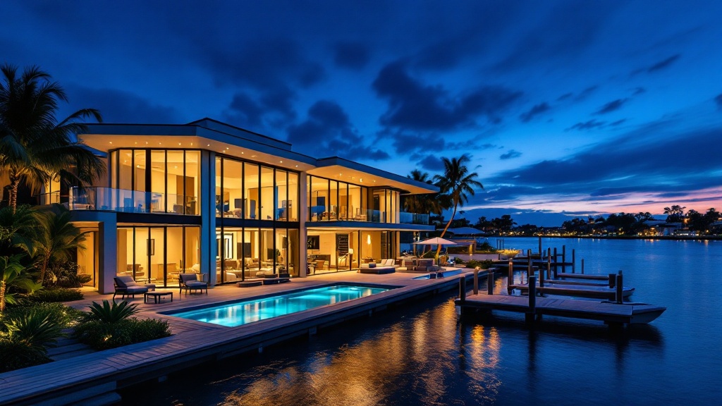 Modern luxury home at dusk with glowing interior