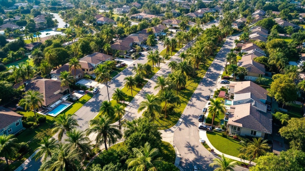 Aerial view of suburban neighborhood with rows of rental homes